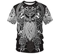 ENLACHIC Men's Vikings T Shirt Tops Novelty 3D Print Norse Mythology Pullover Tee - Black - Large