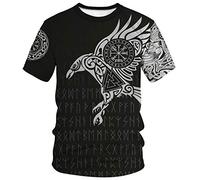 ENLACHIC Men's Vikings T Shirt Tops Novelty 3D Print Norse Mythology Pullover Tee, Odin's Raven, Large