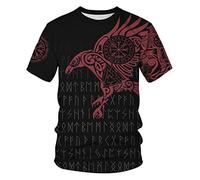 ENLACHIC Men's Vikings T Shirt Tops Novelty 3D Print Norse Mythology Pullover Tee, Red Odin's Raven, Large