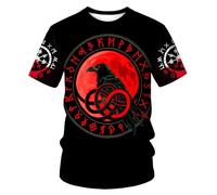 ENLACHIC Men's Vikings T Shirt Tops Novelty 3D Print Norse Mythology Pullover Tee, Viking Raven Red Moon, 3XL