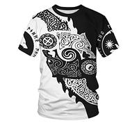 ENLACHIC Men's Vikings T Shirt Tops Novelty 3D Print Norse Mythology Pullover Tee, Viking Wolf, Large