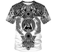 ENLACHIC Men's Vikings T Shirt Tops Novelty 3D Print Norse Mythology Pullover Tee - White - Large