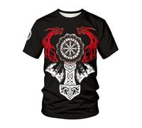 ENLACHIC Men's Vintage Viking Totem 3D Printed Norse Mythology Pullover Tee Shirt, Red Viking Dragon, XL