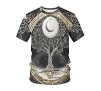 ENLACHIC Men's Vintage Viking Totem 3D Printed Norse Mythology Pullover Tee Shirt, Viking Life Tree Moon, XL