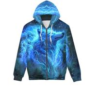 ENLACHIC Unisex 3D Novelty Zip up Hoodie Cool Galaxy Wolf Print Graphic Hoodies Pullover Hooded Sweatshirts, Blue Galaxy Lightning Wolf, Large