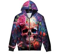ENLACHIC Unisex Adult Novelty 3D Galaxy Wolf Print Zip up Hoodie Pullover Hooded Sweatshirt, Skeleton Rose, XXL