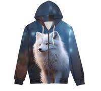 ENLACHIC Unisex Adult Novelty 3D Galaxy Wolf Print Zip up Hoodie Pullover Hooded Sweatshirt, White Fox, Medium