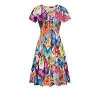 ENLACHIC Women's Casual Animal Floral Print Short Sleeve A Line Swing T Shirt Dress Plus Size, Colorful Butterfly, 3XL