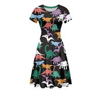 ENLACHIC Women's Casual Animal Floral Print Short Sleeve A Line Swing T Shirt Dress Plus Size, Cute Dinosaur, XXL