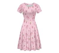 ENLACHIC Women's Casual Animal Floral Print Short Sleeve A Line Swing T Shirt Dress Plus Size, Pink Cow Strawberry, XXL