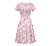 ENLACHIC Women's Casual Animal Floral Print Short Sleeve A Line Swing T Shirt Dress Plus Size, Pink Unicorn Rainbow, XL