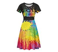 ENLACHIC Women's Casual Animal Floral Print Short Sleeve A Line Swing T Shirt Dress Plus Size, Rainbow Splash Cat Butterfly, XXL
