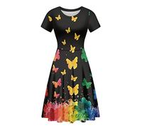 ENLACHIC Women's Casual Animal Floral Print Short Sleeve A Line Swing T Shirt Dress Plus Size, Rainbow Butterflies, XXL
