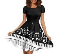 ENLACHIC Women's Summer Short Sleeve Sunflower Print Casual T Shirt Flowy Swing Dresses, Piano Notes Print, XX-Large