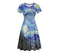 ENLACHIC Women's Van Gogh Art 3D Print Short Sleeves Summer Casual Flowy Swing Midi Dress, Vincent Van G Starry Night, L
