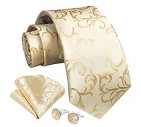 Enlision Beige Ties for Men Wedding Party Paisley Champagne Tie and Pocket Square Cufflinks Set Floral Gold Necktie & Handkerchief for Business Formal