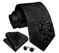 Enlision Black Ties for Men Funeral Floral Tie and Pocket Square Cufflinks Set Elegant Formal Necktie Handkerchief for Wedding Party Business