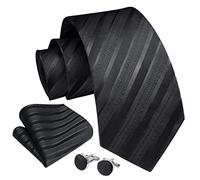 Enlision Black Ties for Men Funeral Striped Tie and Pocket Square Cufflinks Set Necktie Handkerchief Formal For Wedding Party Business