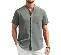 Enlision Grandad Collar Linen Shirt for Men Short Sleeve Summer Beach Casual Collarless Button Down Henley Shirt Tops Grey XL