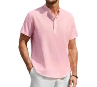 Enlision Grandad Shirts for Men Short Sleeve Cotton Linen Shirts Men Casual Summer Collarless T-Shirt Light Pink Cheesecloth Henley Top Loose Fit 3XL
