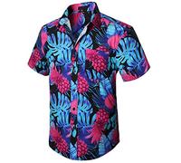 Enlision Hawaiian Shirt for Men,Short Sleeve Button Down Hawaii Pineapple & Tropical Palm Leaf Print Shirts for Men Aloha Party Beach Holiday,Blue and Pink,XXL