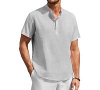 Enlision Light Grey Linen Shirts Men Short Sleeve Collarless Grandad Shirt Casual Summer Mandarin Collar T-Shirt Henley Top for Beach Holiday 4XL
