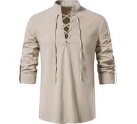 Enlision Linen Shirt Men Cotton Lace up Medieval Vintage Costume Pirate Viking Shirt Casual Scottish Ghillie Shirt Khaki M