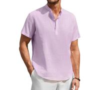 Enlision Linen Shirts Men Short Sleeve Summer Casual Grandad Collar T Shirt Lilac Collarless Henley Lightweight Breathable Cheesecloth Tops XL
