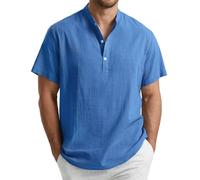 Enlision Linen Shirts Men Short Sleeve Summer Casual Grandad Collar T Shirt Royal Blue Collarless Henley Lightweight Breathable Cheesecloth Tops XL