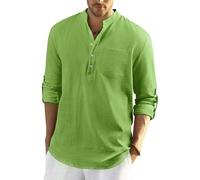 Enlision Mens Apple Green Cotton Linen Shirts Long Sleeve Shirt Button Down Henley Shirts Lightweight Casual Plain Tops for Men 5XL