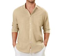 Enlision Mens Beige Linen Shirts Long Sleeve Shirts Light Yellow Cotton Henley Shirts Casual Button Down Shirt Summer Beach Holiday with Pocket 3XL