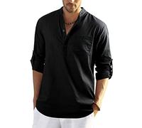 Enlision Mens Black Cotton Linen Shirts Long Sleeve Shirt Button Down Henley Shirts Lightweight Casual Plain Tops for Men 4XL