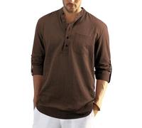 Enlision Mens Brown Cotton Linen Shirts Long Sleeve Shirt Button Down Grandad Shirts Lightweight Casual Plain Tops for Men S