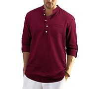 Enlision Mens Burgundy Cotton Linen Shirts Long Sleeve Shirt Button Down Henley Shirts Lightweight Casual Plain Tops for Men XL