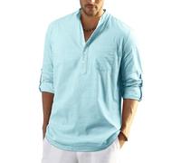Enlision Mens Casual Linen Beach Shirt Long Sleeve Solid Button-Down Henley Shirt Roll Up Water Blue Henley Tops L