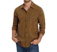 Enlision Mens Check Shirt Long Sleeve Smart Casual Orange and Black Plaid Checked Shirts for Men with Pocket Button Up Classic Gingham Tartan Top for Country Lumberjack S