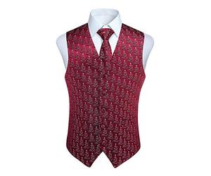 Enlision Men's Christmas tree pattern Waistcoat Festive Happy Waistcoats Necktie Pocket Square Handkerchief Vest Suit Set XS-4XL Burgundy