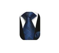 Enlision Men's Classic Checked Tie and Pocket Square Set - Navy Blue Shiny Silk for Wedding, Formal Business