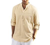Enlision Mens Cotton Linen Shirt Long Sleeve Button Down Summer Beige Henley Shirts Casual Business Shirt Tops L