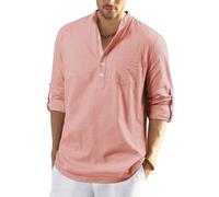 Enlision Mens Cotton Linen Shirt Long Sleeve Button Down Summer Peach Henley Shirts Casual Business Shirt Tops 4XL