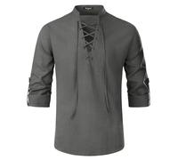 Enlision Mens Cotton Linen Shirt Long Sleeve Lace Up Medieval Costume Casual Scottish Ghillie Shirt for Halloween Cosplay Viking Pirate Grey XL
