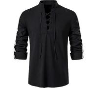 Enlision Mens Cotton Linen Shirts Lace up Medieval Vintage Costume Long Sleeve Classic Scottish Jacobite Ghillie Kilt Shirt Black L