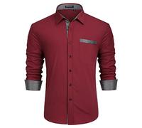 Enlision Mens Crimson Shirts Long Sleeve UK Wedding Shirts for Men England Scarlet Plain Button Through Loose Fit for Casual Festival Party XXL