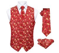 Enlision Men's Fun Christmas Waistcoat Festive Waistcoats Tie Pocket Square Handkerchief Santa Vest Suit Set Red XL