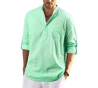 Enlision Mens Green Cotton Linen Shirts Long Sleeve Shirt Button Down Henley Shirts Lightweight Casual Plain Tops for Men 2XL