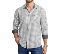 Enlision Mens Grey and White Checked Shirts Long Sleeve Casual Small Check Gingham Shirt Mens Chequered Plaid Tartan Top with Contrast Spread Collar for Famliy Holiday XXL