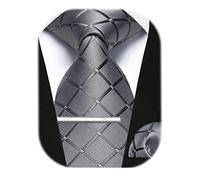Enlision Mens Grey Plaid Tie and Pocket Square with Tie Clip Set Business Formal Wedding Ties for Men Necktie & Handkerchief & Tie Pin Sets,Grey