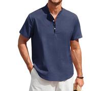 Enlision Mens Linen Shirt Casual Cotton Collarless Short Sleeve Navy Blue Henley Shirts Button Down Summer Lightweight Grandad Collar Shirt Tops 4XL