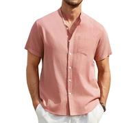 Enlision Mens Linen Shirts Grandad Collar Shirts for Men Summer Collarless Pink Cotton Henley Top Short Sleeve with Pocket for Wedding Beach Daily L