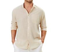 Enlision Mens Linen Shirts Long Sleeve Shirt Beige Khaki Henley Shirts Cotton Button Down Summer Shirt Casual Beach Holiday Party with Pocket 2XL
